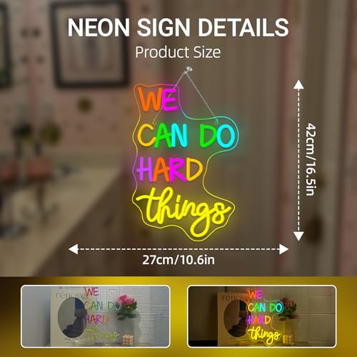 Image of We Can Do Hard Things Neon Sign Classroom Led Neon Light Kids Wall Art Decor for Bedroom Library Office Postive Inspirational Children Students Birthday Gifts