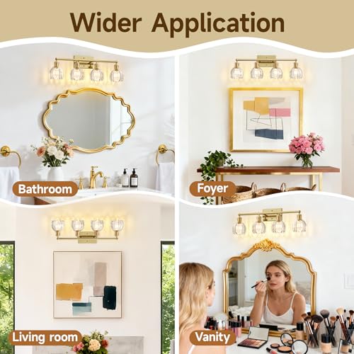 Image of 4 Light 27.2 in Bathroom Vanity Light,Rustic Brass Bathroom Lighting Fixtures Over Mirror, Vintage Vanity Mirror Lights Clear Tulip Glass Wall Sconce for Living Room,Bedroom,Hallway,E26 Base