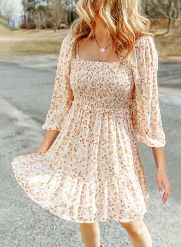 Image of Dokotoo Fall Dresses for Women 2025 Boho Floral Square Neck Smocked 3 /4 Sleeve Casual A-Line Swing Mini Dress Sundress