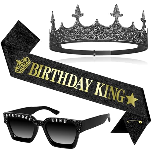 Edussy 3 pcs Black Birthday Decorations for Men Set Happy Birthdays Sunglasses Gothic Birthdays King Crown and Sash for Birthday Gifts for Men and Him