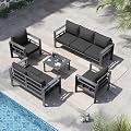 VONZOY 5 Piece Aluminum Patio Furniture Set, Thick Cushions, Aluminum Outdoor Sectional Conversation Set with Coffee Table for Porch, Backyard, Deck(Grey/Dark Grey)