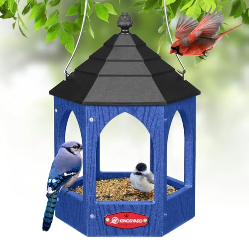Kingsyard Platform Bird Feeder for Outdoor Hanging - Gazebo Style Recycled Plastic Wild Bird Feeding Station with Rain-Proof Roof & Metal Mesh Tray. Blue