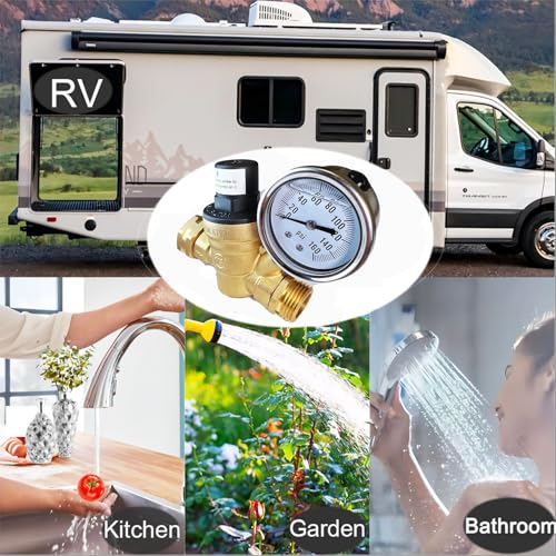 Image of RV Water Pressure Regulator Valve,Brass Lead-Free Adjustable Water Pressure Reducer with Gauge,Inlet Screen Filter,Water Regulator for RV Camper Travel Trailer