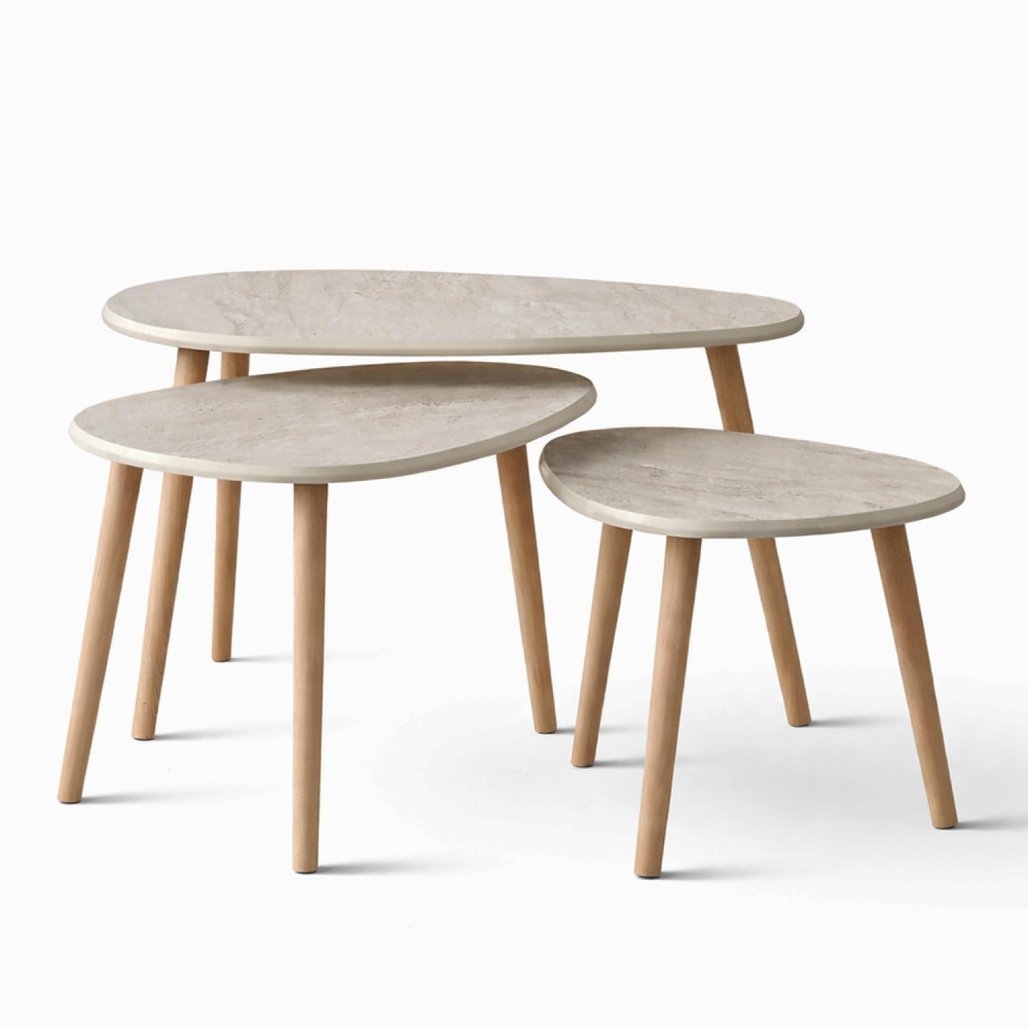 CONCEPTO FÁBRICA | Set 3 Mesas Bajas Gigognes Efecto Travertino Beige Tira | Diseño Elegante y Modulable | Bandeja MDF 1,8 cm | Estilo Contemporáneo | Ahorro de espacio para salón práctico y agradable