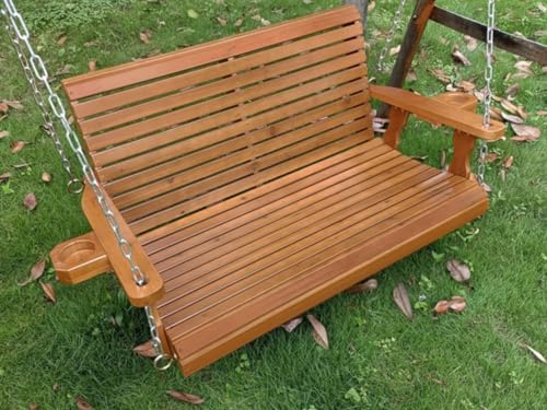 Wooden Porch Swing 2-Seater, Bench Swing with Cupholders, Hanging Chains and 7mm Springs, Heavy Duty 880 LBS, for Outdoor Patio Garden (Cedar Tone - 4 FT Extra Large)
