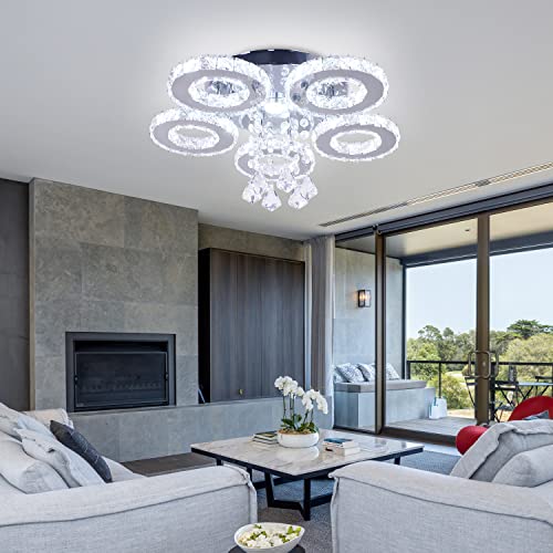TongLan Led Crystal Ceiling Light 5 Rings Modern Crystal Chandelier Flush Mount Light Fixture for Hallway Foyer Living Room Bedroom Dining Room Closet (Cool White) - Image 6