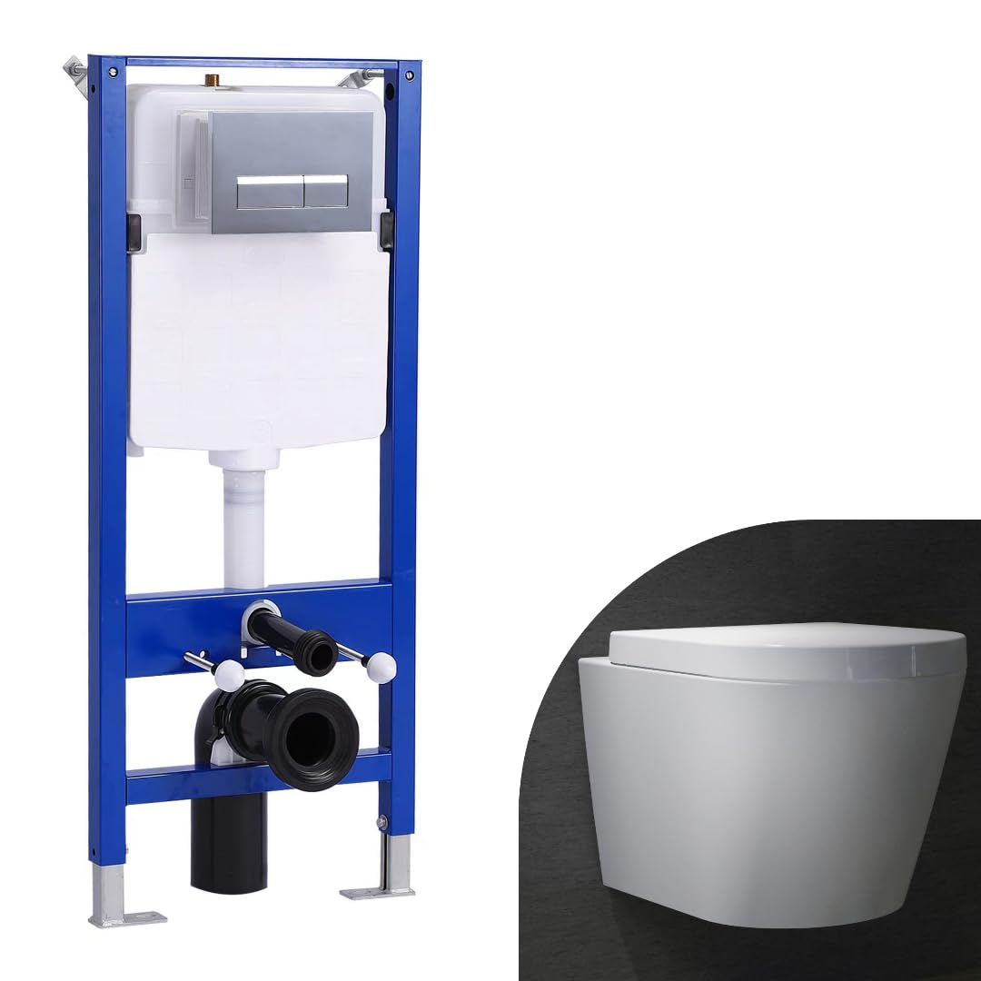 Biubiubath White Bathroom Round Rimless Wall Hung Toilet With 1.14M Concealed Cistern Frame Set & Rectangular Sliver Dual Flush Plate