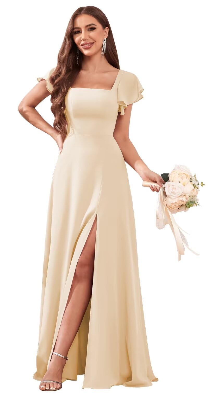 Bolodoo Women's Short Sleeve Bridesmaid Dresses for Wedding Empire Waist A Line Chiffon Long Formal Dresses with Slit