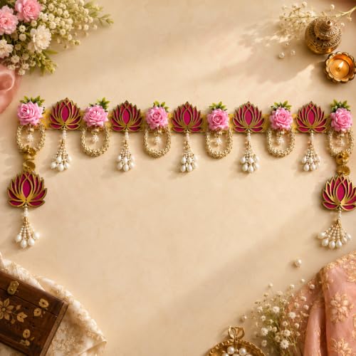 Image of Decorative Artificial Lotus Flower Toran for Door | Wall Hanging Bandhanwar | Home Entrance Decor for Diwali, Pooja, Festivals | Size 37 to 41 Inch