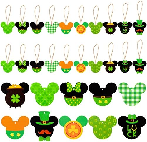D2ucco 30Pcs St. Patrick’s Day Mouse Wood Hanging Ornaments Shamrock Lucky Clover Hanger Bauble Trefoil Pendant Rope Irish Mouse Decoration Embellishments Gift Tag Crafts Supplies Party Home Decor