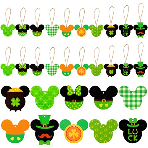 D2Ucco 30Pcs St. Patrick’s Day Mouse Wood Hanging Ornaments Shamrock Lucky Clover Hanger Bauble Trefoil Pendant Rope Irish Mouse Decoration Embellishments Gift Tag Crafts Supplies Party Home Decor #TOP2