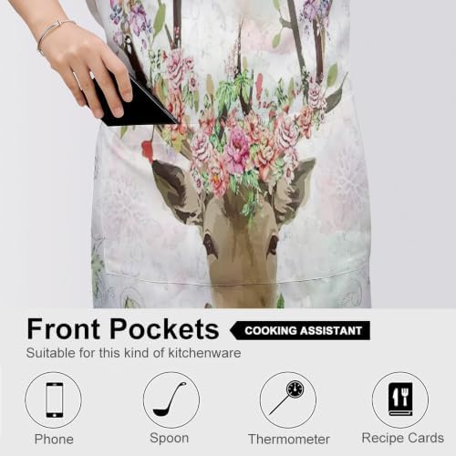 MoaDnoej Polyester Bib Apron with Front Pockets Adjustable Neck Strap Kitchen Chef Cooking Baking Grill for Men Women Fairy Tale Watercolor Animals Deer Fanstry Elk Antlers with Flowers - 4