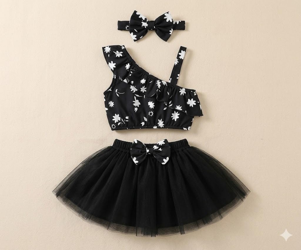 A.T.U.N. (ALL THINGS UBER NICE) Top asimétrico para bebé niña con falda tutú superpuesta y diadema | Traje de fiesta de 3 piezas de fantasía para niños