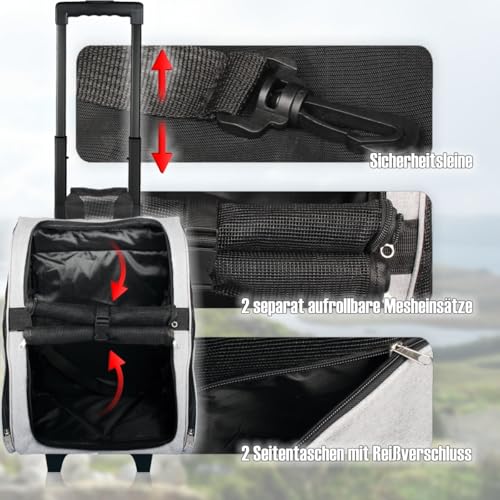 2IN1 Transporttasche mit Rollen bis 15kg Rucksack Trolley Hund Katze Hunderucksack Tasche (Melange-Grau)