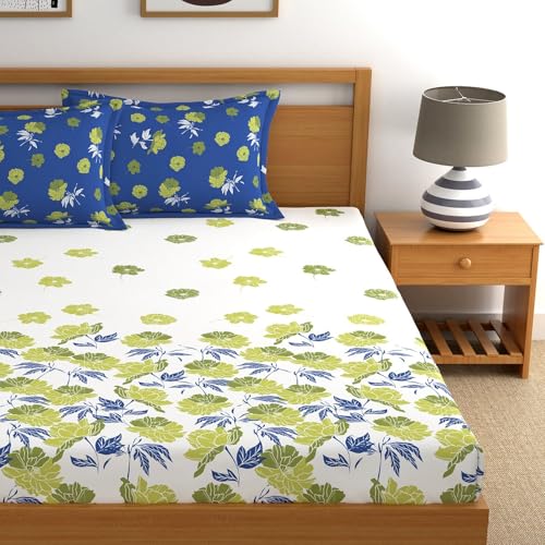 Image of Dreamscape 100% Cotton Queen Fitted Bedsheet with 2 Pillow Covers - (Size 60 x 78 inches, 140 TC, Colour - Blue)