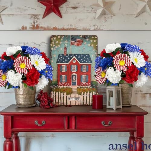 Image of 20 Stems Red White and Blue Flowers Artificial 13 inch Mixed Patriotic Dasiy Flower Silk Bouquet for Memorial 4th of July Independence Day Centerpiece Table Home Decor Cemetery Grave Decor(No Vase)