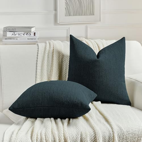 FUTEI Navy Blue Chenille Decorative Throw Pillow Covers 12x20 Inch Set of 2,Soft Cozy Faux Linen Textured Lumbar Pillow Cases,Farmhouse Home Decor for Couch Living Room