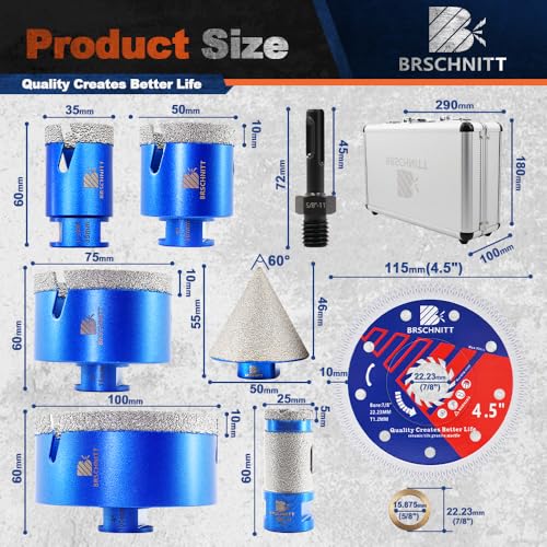 Image of Diamond Core Drill Bit Set - BRSCHNITT Tile Hole Saw Kit 1-3 /8 inch2 inch 3 inch 4 inch & 1 inch Finger Bit & 2 inch Chamfer Bit for Porcelain Tile Ceramic Marble Granite Diamond Blade