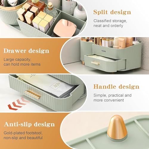 Image of SIBY ABS Plastic Cosmetic Storage Box for Women's | 360 Rotating Makeup Brush Holder for Dressing Table | Vanity Makeup Organizer Box with Transparent Cap and Drawer (Light Green)