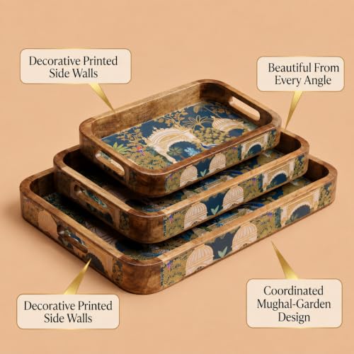 Image of Set of 3 Waterproof Wooden Trays | Rectangular Serving Tray Set | Large Big Size Trays for Decor |Wooden Tray for Kitchen Organizer 16x10, 14x8 & 12x6 Inch (Royal Green, Set of 3)