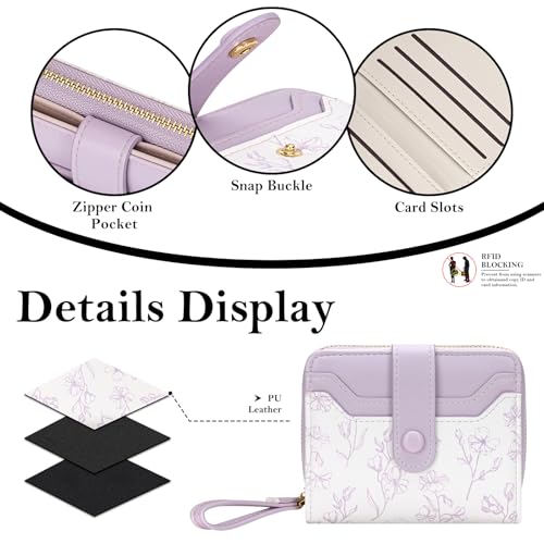 BIAOTIE Wallet for Women Cute Floral Flower Wallet RFID Credit Card Holder Purse Small Bifold Zipper Coin Pocket Purse with ID Windows (Lavender)4