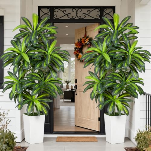 Image of 7FT Artificial Dracaena Tree - High-Density Foliage Fake Plant with White Tall Planter - Faux Yucca Floor Plant for Home Office Decor Indoor