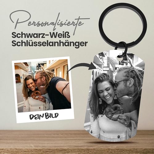 Meinearmbänder „Partner“ Personalisierter Schlüsselanhänger mit Foto & Gravur | Individueller Schlüsselring mit Schwarz/Weiß Bild | Ideales Erinnerungsstück für Paare