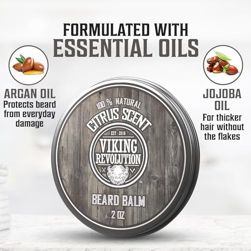 Viking Revolution BEST DEAL Beard Balm with Argan Oil & Mango Butter - Styles, Strengthens & Softens Beards & Mustaches - Citrus Scent Leave in Conditioner Wax for Men