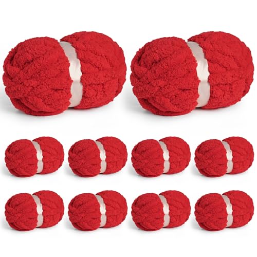 10 Pack of Jumbo Chunky Yarn for Hand Knitting 10# Super Bulky-Fluffy Chenille Yarn 220 yds/70.5 oz Soft Thick Yarn for Crocheting Chunky Knit Throw Blankets.(Red)