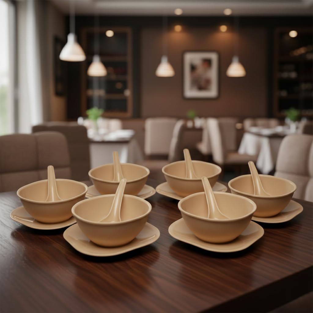 Gluman Polycarbonate Round Shape 18 Pcs Soup Bowl Set 6 Bowl And 6 Spoon,6 Dish Microwave Safe For Home And Office Use (Beige), 400 ML 1