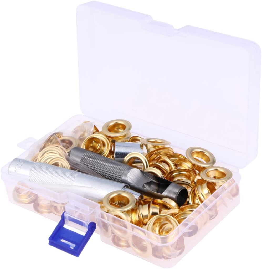 100set Eyelet Button Kit with Tools Brass Fasteners for Clothing Crafts Projects Portable Grommet Tool Set Golden Inner Diameter for Shoes Tarps and Canvas