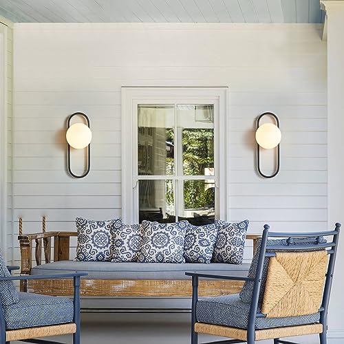 Image of Bektas Wall Sconces, Set of 2, Matte Black, Modern Light Fixture with White Globe Glass Shade, Wall Lighting for Living Room, Bedrooms