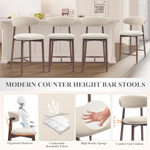 Image of COLAMY Counter Height Bar Stools Set of 3, Upholstered Barstools with Back, Mid Century Modern Stools with Wood Legs for Kitchen Island Dining Room, Beige