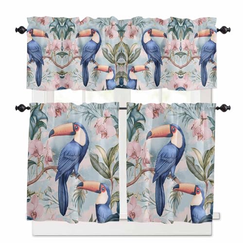 Parrot Summer Kitchen Curtains 36 Inch Length, 3 Piece Rod Pocket Small Half Tiers and Valance Set, Cottagecore Blooms Spring Botanica Art Small Large Window Treatment Decor for Bedroom/Bathroom Sink