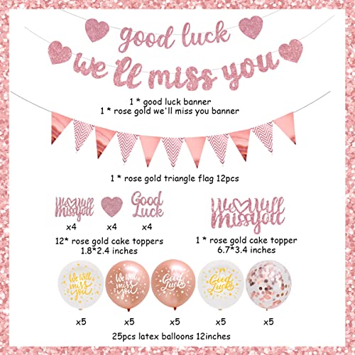 We Will Miss You Banner Decorations Rose Gold Good Luck Banner Party Decorations Triangle Flag Banner Bunting Cake Topper for Job Change Retirement Graduation Leaving Party Farewell Decorations - Image 2