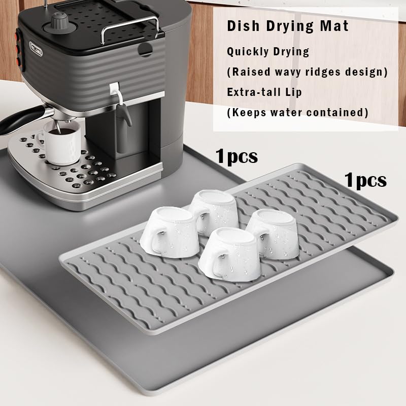 Tapete de café de silicona, tapete de barra de café de 16 x 24 pulgadas con tapete de secado de platos desmontable, 2 accesorios de barra de cocina que se ajustan debajo de la máquina de café espresso