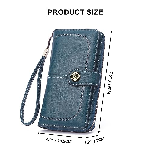 Image of Mokoze Wallet for Women, PU Leather Large Capacity Wallets with Wrist Strap and Zipper for Hold Credit Cards /Cell Phones /Keys, Girlfriends Mother's Day Gifts, Blue, 7.48 inch x 4.13 inch x 1.18 inch, Bifold