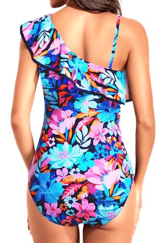 Image of Tempt Me Women One Piece Swimsuits Tummy Control One Shoulder Bathing Suits Ruffle Swimwear