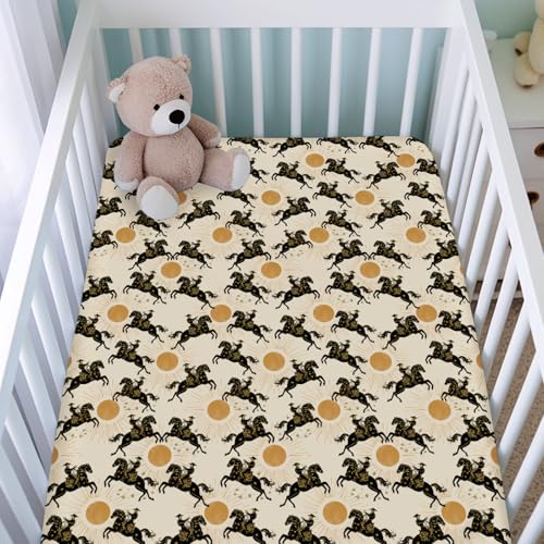 Image of Western Cowboys Sun Fitted Baby Crib Sheets for Girl Boy 52 inchx28 inch Vintage Cowboy Horses Sunshine Soft Crib Mattress Covers Southwest Country Breathable Baby Sheet for Standard Crib and Toddler Mattress