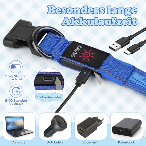 Collier lumineux LED rechargeable bleu étanche doté d'une sangle ajustable - 6