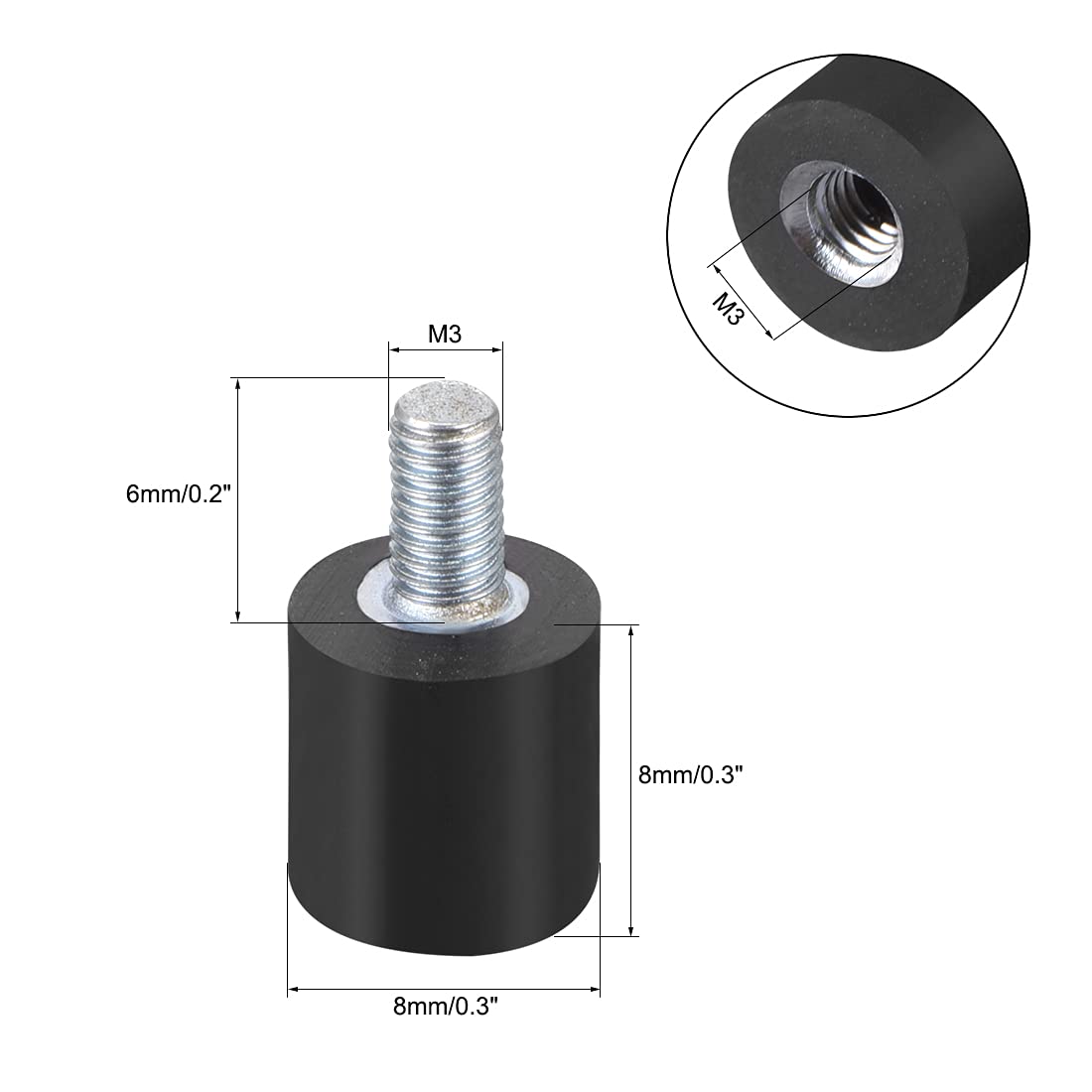 Sourcing Map M3x6 Thread Male Female Rubber Mounts,Vibration Isolators,Shock Absorber 8mm X 8mm 8pcs - View #3