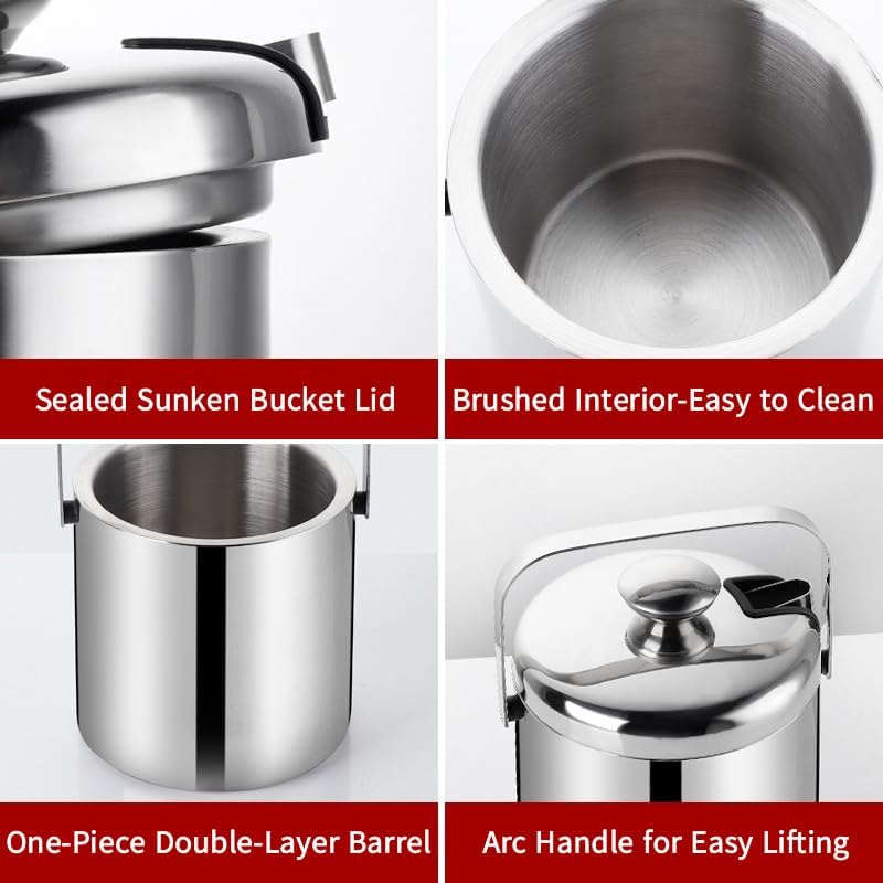 Double-Wall Stainless Steel Wine Ice Buckets with Lid,Tong&Strainer, for Cocktail Bar,Parties Chilling Beer Champagne,Keep Ice Frozen Longer for Outdoor or Indoor,Picnic (1.3L) - Image 4