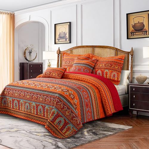 BEDIFANY Cotton King Size Quilt Set - Boho Lightweight King Bedspread - Colorful Orange Reversible Coverlets Quilt Bedding Sets - Oversized King Quilt Set for Bed Decorations for All Seasons, 3 Pieces