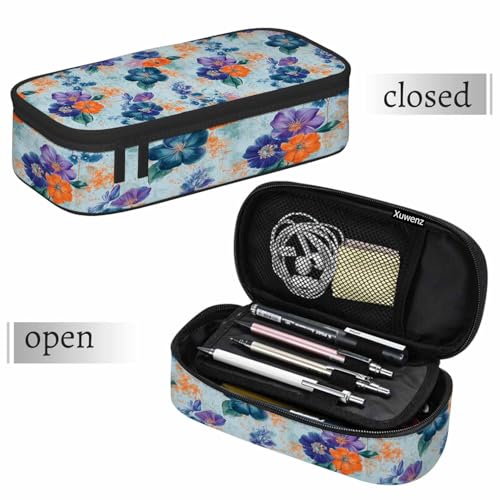 Image of Retro Floral Pencil Case Green Red Flower Branch Plant Pencil Bag Pouch Box Organizer for College School Students Boy Girl