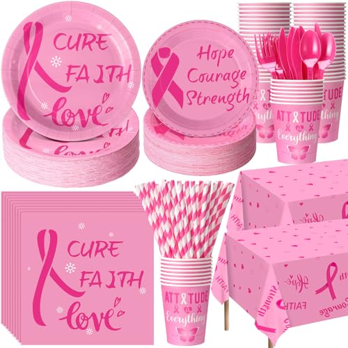 Image of Funnymoom 452 Pcs Breast Cancer Party Decorations Pink Ribbon Cure Faith Love Paper Plates Napkins Cups Tablecloth Cutlery Straws for Breast Cancer Awareness Month Women Charity Activities Supplies