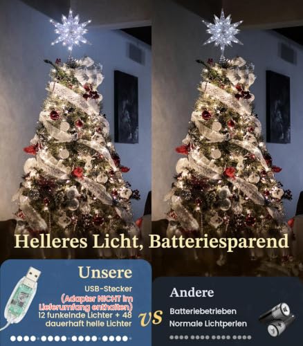 Luxspire Weihnachtsbaumspitze, 3D-Lichtstern mit USB-Anschluss und Fernbedienung, 9… – Ansicht 2