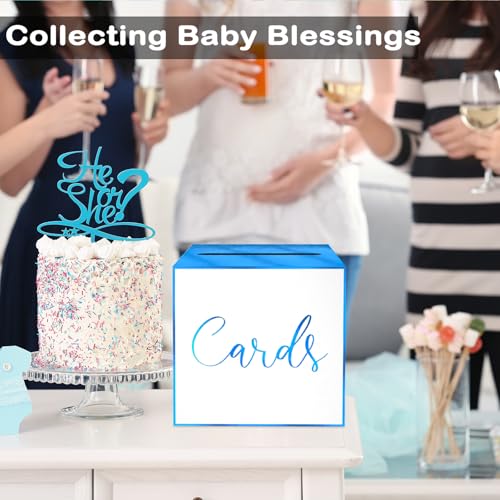 Image of White Card Box for Party, 8.7 inch Blue Foil Gift Cards Receiving Box Holder for Wedding, Bridal Shower, Graduation, Birthday, Retirement, Baby Shower, Anniversaries Party Decorations