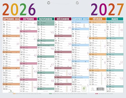 Exacompta 34210E - Calendrier Multicolore - 43 x 33,5 cm - Septembre 2026/2027 - Multicolore