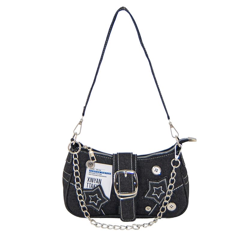 GOGOCAT Esta pequena bolsa feminina em estilo Y2K apresenta bordados de estrelas, material jeans, corrente metálica e um estilo gótico,bolsas de mão e ombro femininas