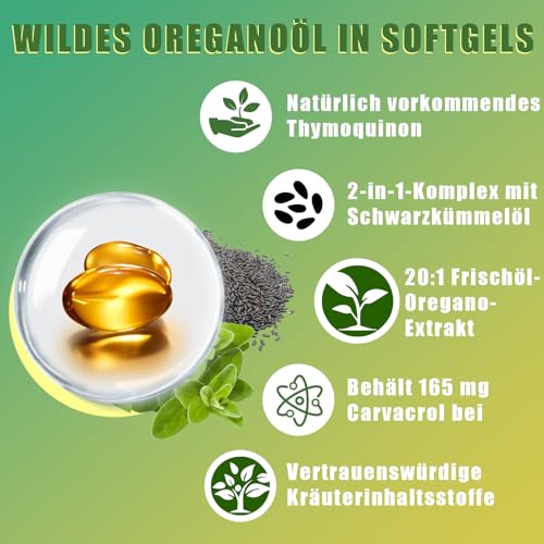 VitalVibe öil of oreganol Kapseln,2 in 1 6000 mg Oreganoöl mit Schwarzkümmelöl 200 mg,Oregano-Nahrungsergänzungsmittel auf Kräuterbasis | Hochwirksame Pflanzenstoffe Nahrungsergänzungsmittel